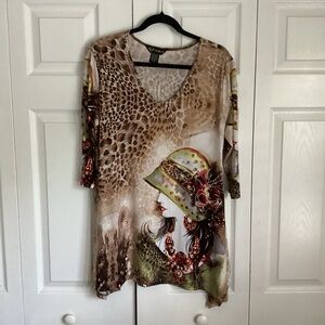 Valentina Tunic Top Womens Medium Animal Print Rhinestone Embellished Artsy